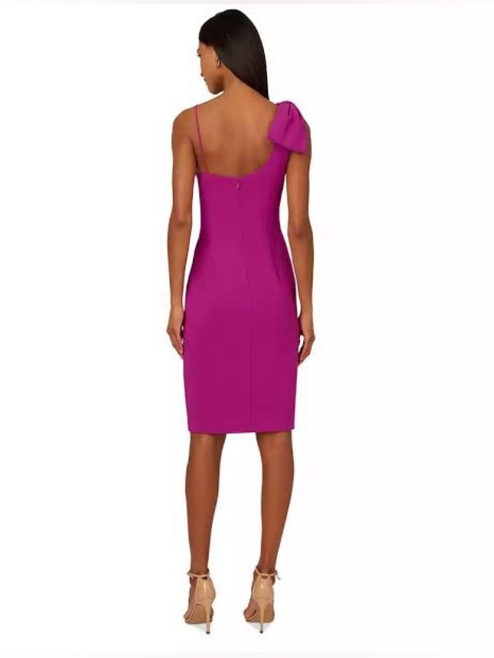 Adrianna Papell Magenta Bow One-Shoulder Crepe Sheath Dress Size 12 - Picture 2 of 9